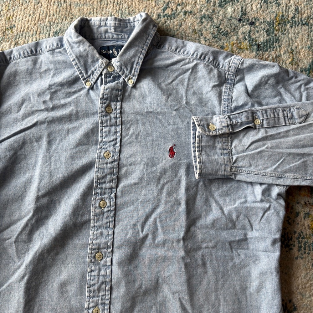 Vintage Y2K Faded Ralph Lauren Button Down Denim Shirt L Classic Fit Red Pony